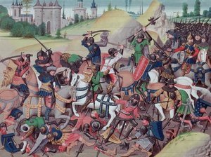 Ms 5089-90 Csata szaracénok és keresztények között a keresztes hadjáratok idején, David Aubert Chroniques des empireurs-éből, 1462