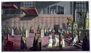 Magyarország királynőjét koronázó prímása a kollégiumi templomban, Westprim, Magyarország, Jules Ferrario „Le Costume Ancien et Moderne” 5. táblája, az 1820-as és 30-as évek körül megjelent (színes litó) alkotó: Bramati Bramati
