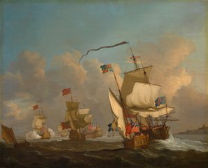 Királyi jacht egy flottával, amely szeles időben elindul, 1720 körül (olaj, vászon) alkotó: British School