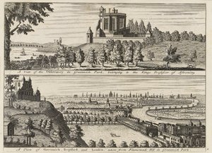 "A Greenwich Parkban lévő csillagvizsgáló látképe...[és] Deptford és London látképe a Greenwich Parkban lévő Flamsteed Hillről", 1750 körül (metszet). alkotó: British School