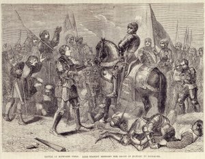 Bosworth-i csata mező. Lord Stanley III. Richard koronáját Richmondba viszi (1485): a két rózsa háborújának vége – „” Cassell illusztrált Anglia történelmében”, 2. köt. II, William Howitt alkotó: British School