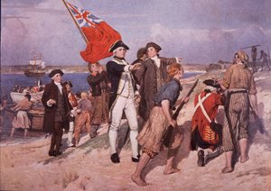 James Cook kapitány partra száll Ausztráliában (színes litho)