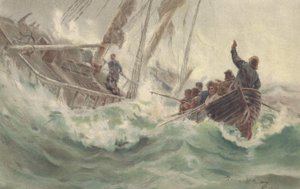 A kapitány és hűséges kutyája egy összetört hajóval lezuhan, miközben a legénység megszökik (színes litho) alkotó: British School