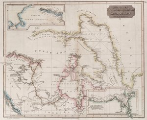 Ross, Parry és Franklin 1818-1827 közötti sarkvidéki felfedezéseit bemutató térkép, 1830 körül (színes metszet) alkotó: British School