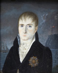 Császár Sainte-Helene szigetén - 1. Napóleon császár portréja meztelenül, fekete kabátban, a Becsületrendi Rend nagy sastábláját viselve - Bonaparte Napóleon portréja Szent Helena szigetén Dodgin kapitánytól (aktív alkotó: British School