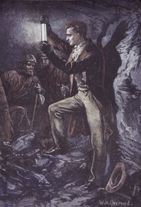 Humphry Davy Davy biztonsági lámpával bányászoknak, 1815-ben feltalálva (kézzel színezett fametszet)