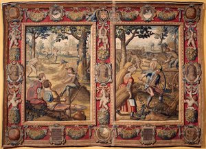 Július és augusztus: "mezőgazdasági munkák és betakarítások" A Mortlake-i manufaktúrák gobelinje. 17. század Genes, Musei di Strada Nuova alkotó: British School