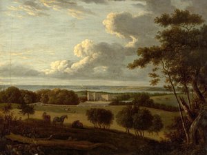 Táj a part közelében (egy kastély kilátása a tengerrel a távolban) (olaj, vászon) alkotó: British School