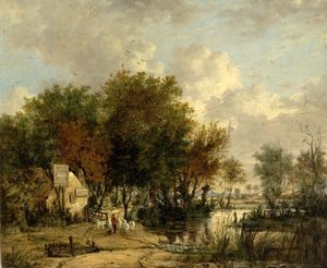 River Scene, Boy Driving Sheep (olaj, fa) alkotó: British School