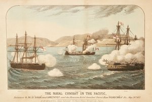 A csendes-óceáni tengeri ütközet a HMS "Shah" és "Amethyst" és a perui lázadó, a vasaló torony Ram Huascar között Ilo előtt, 1877. május 29. alkotó: British School