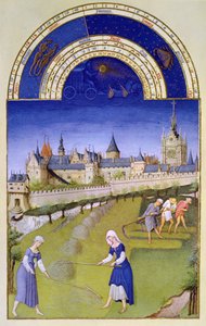 Júniusi fakszimile: Szénavarrás, a „Tres Riches Heures du Duc de Berry”-ből (vellum) (az eredetiből lásd: 8438) alkotó: Brothers Limbourg
