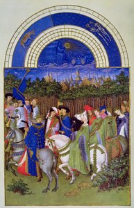 Májusi fakszimile: Udvari alakok lóháton, a „Les Tres Riches Heures du Duc de Berry”-ből (vellum) (az eredetit lásd: 8437) alkotó: Brothers Limbourg