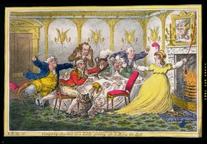 A társaság megdöbbent attól, hogy egy hölgy feláll a Csengetésre, James Gillray (1756-1815) metszetét Hannah Humphrey adta ki 1804-ben (kézzel színezett rézkarc)