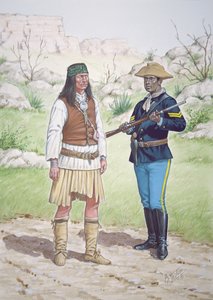 Egy chiricahua apacs harcos és a 10. amerikai lovasezred tizedese 1886-ban, egy hat tablóból álló sorozatból.