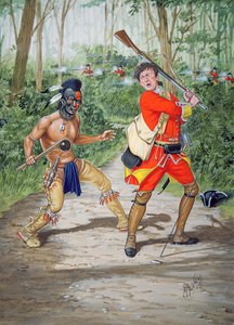Egy huron harcos a 44. gyalogezred közlegénye ellen 1755-ben, egy hat tablóból álló sorozatból.