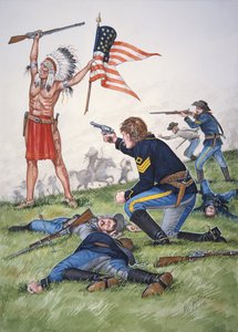 Egy sziú harcos a 7. amerikai lovasezred ellen a Little Bighorn-i csatában, 1876. június 25., egy hat tablóból álló sorozatból.