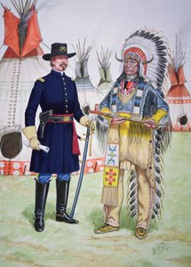 Vörös Felhő, az oglala sziúk törzsfőnöke békepipát nyújt az 5. amerikai lovasezred egyik tisztjének az 1868-as Fort Laramie-i szerződés aláírásakor, egy hat tablóból álló sorozatból.
