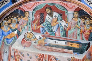 Bulgária, Rila kolostor, temetési freskó a Szűz Mária születése templomban