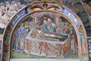 Bulgária, Rila-hegység, Rila kolostor, freskórészlet a Szűz születésének templomában