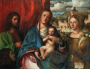 Szűz és gyermek Keresztelő János szentekkel, Alexandriai Katalin és adományozó, XVI. század eleje. alkotó: Buonconsiglio