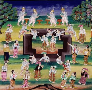 Érdemkészítési jelenet, oldal kéziratból alkotó: Burmese School