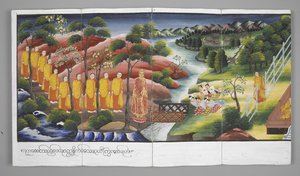 Vagy. 13534, f.23 Szerzetesek átkelnek egy folyón, Jelenetek Buddha életéből (pergamen) alkotó: Burmese School