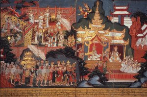 Vagy 14297 fol.6-7 A jövő Buddha születése, 1800-20 körül (gouache papíron) alkotó: Burmese School