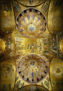 Bizánci építészet: a pünkösdöt (1250-1300) és a mennybemenetelt (13. század eleje) illusztráló kupolák képe arany alapon (román és bizánci stílusban) mozaikokkal. Szent Márk-bazilika (San Marco-bazilika) Velence alkotó: Byzantine