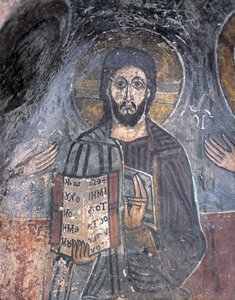 Közeli kép egy pantokrátor freskójáról, Pantokrátor Krisztus, Zoupena, Spárta, Peloponnészosz, Görögország alkotó: Byzantine