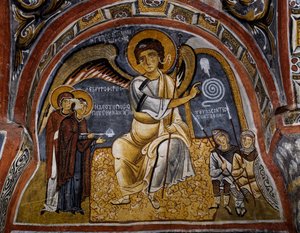 Szent nők a sírnál és angyal megjelenése, bizánci freskó (XII. század), Karanlik Kilise (Sötét templom) (XII-XIII. század), Göreme (az UNESCO világörökségi listája) alkotó: Byzantine