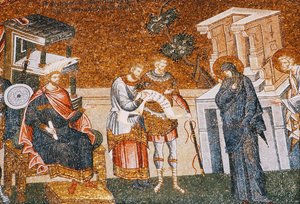 Mária és József, mielőtt Cyremius beiratkozott volna az adózásra, egy őrrel, egy írnokkal és egy tiszttel, kb. 14. század (mozaik) (119636-os részlet) alkotó: Byzantine