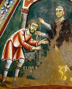 Santiago de Compostelába induló Szent Eldrád, részlet Szent Eldrád életének történeteiből, bizánci stílusú román freskó, 11. század vége, Szent Eldrád és Szent Miklós kápolna, Novalesa apátság, Piemont, Olaszország. alkotó: Byzantine