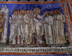 Szent Pál kezét az újonnan megkereszteltekre helyezi, bizánci freskó a Tokali Kilise (Buckle Church) kereszthajójában (12-13. század), Goreme (Unesco Világörökség listája). alkotó: Byzantine