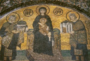 Szűz és gyermek Justinianus és Konstantin császár között a Hagia Sophiában (mozaik)
