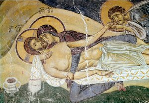 Bizánci művészet: „Siralom Krisztus haláláról”” Festő XII. századi freskója. Részlet. Nerezi, San Pantaleimone, Macedoine alkotó: Byzantine School
