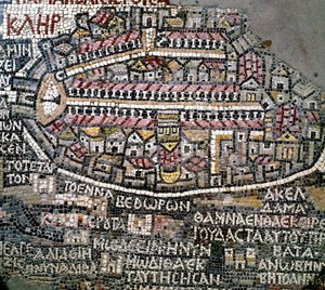 Bizánci művészet: Palesztina legrégebbi térképe. Jeruzsálemet ábrázoló részlet. 6. századi mozaik. Madaba, Szent György-templom alkotó: Byzantine School