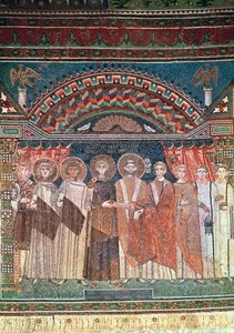 IV. Konstantin (654-85) Reparatus püspök kiváltságainak megadása a ravennai templom számára, 671-77 (mozaik) alkotó: Byzantine School