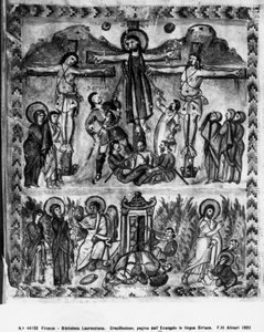 Keresztrefeszítés és feltámadás, a Rabula-evangéliumokból, i.sz. 586 alkotó: Byzantine School