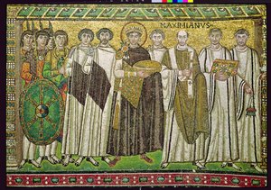 I. Justinianus császár és kísérete tisztviselőkből, őrökből és papságból, i.sz. 547 körül (mozaik)