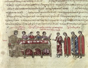 MMS Vitr. 26-7. Jóslatok II. Mihály császárról (820-829) a Madridi Skylitzes III. fejezetéből (vellum) alkotó: Byzantine School