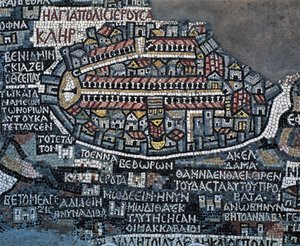 Madaba mozaik térkép (Szentföld térképe), 560, mozaik a Szent György görög ortodox bazilikában, Madaba, Jordánia, bizánci civilizáció, 6. század (mozaik) alkotó: Byzantine School