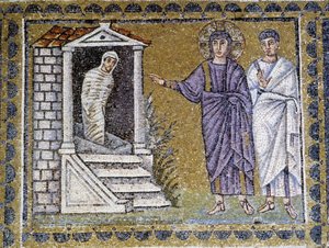 Lázár feltámadása, falimozaik a ravennai Szent Apollinar templomban, Ravenna, 6. század. alkotó: Byzantine School
