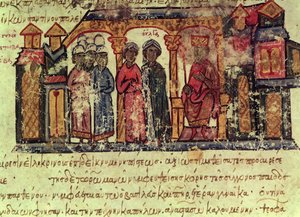 Olga (†969) megtérése a madridi Skylitzesből alkotó: Byzantine School