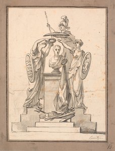 Egy mellszobrot (Fr. VI?) három címeres nő koronáz meg alkotó: C.A. Lorentzen