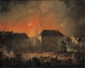 A legszörnyűbb éjszaka. Kongens Nytorv kilátása Koppenhágában a koppenhágai angol bombázás során 1807. szeptember 4. és 5. között éjszaka