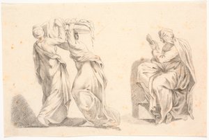 Két klasszikus köntösben viselő nő Michelangelo után kosarat és szibillát cipelnek alkotó: C.A. Lorentzen