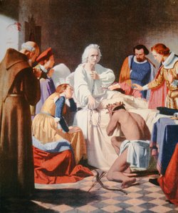 Kolumbusz a halálos ágyán, kezében a láncokkal, amelyekben harmadik útjáról visszatért (színes litho) alkotó: J.B. and Brown J. Rowbotham