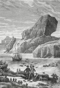 Ausztrál-Franciaország (Kerguelen-szigetek) felfedezése Yves-Joseph de Kerguelen-Tremarec (1734-1797) francia felfedező által, 1772. február, metszet, Indiai-óceán, Francia déli és antarktiszi területek területe