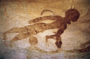 Emberalak kerek fejű férfiak stílusában, barlangfestmény, Tassili n