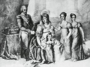 I. Viktor Emmánuel, Szardínia királya, Savoyai, Piemont és Aosta hercege portréja feleségével, Ausztriai Mária Teréziával és lányaival, Savoyai Mária Terézével (1803-1879), Savoyai Mária Annával és Savoyai Mária Krisztinával , gravírozás alkotó: J.B. and Brown J. Rowbotham